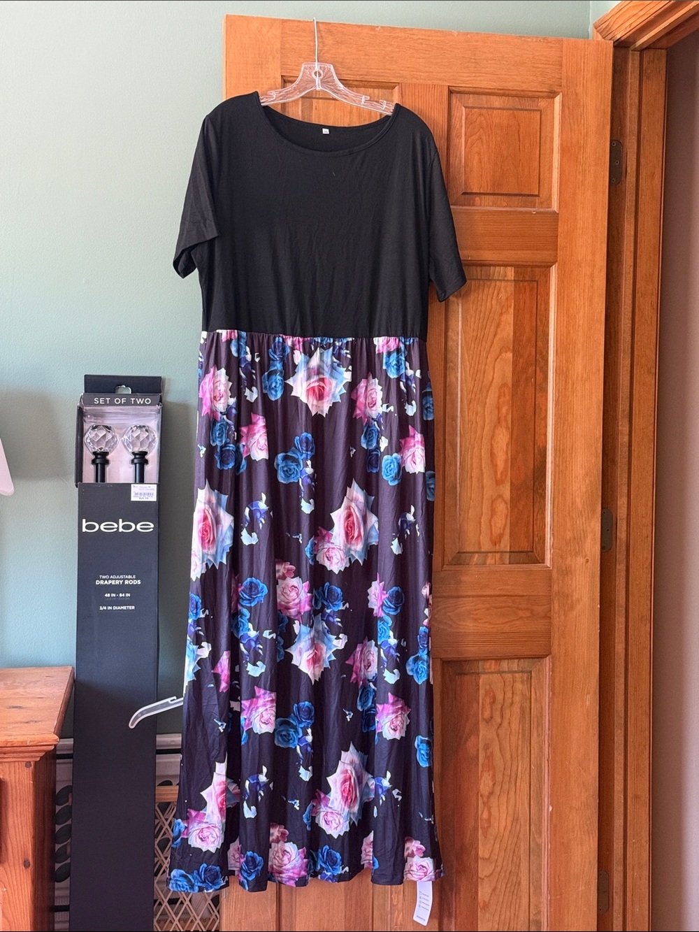 bebe Black Bodice Floral Maxi Dress with Blue and Pink Roses